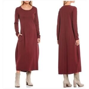 Bryn Walker Philippa Organic Cotton‎ Midi Dress Burgundy Size M Artsy Lagence